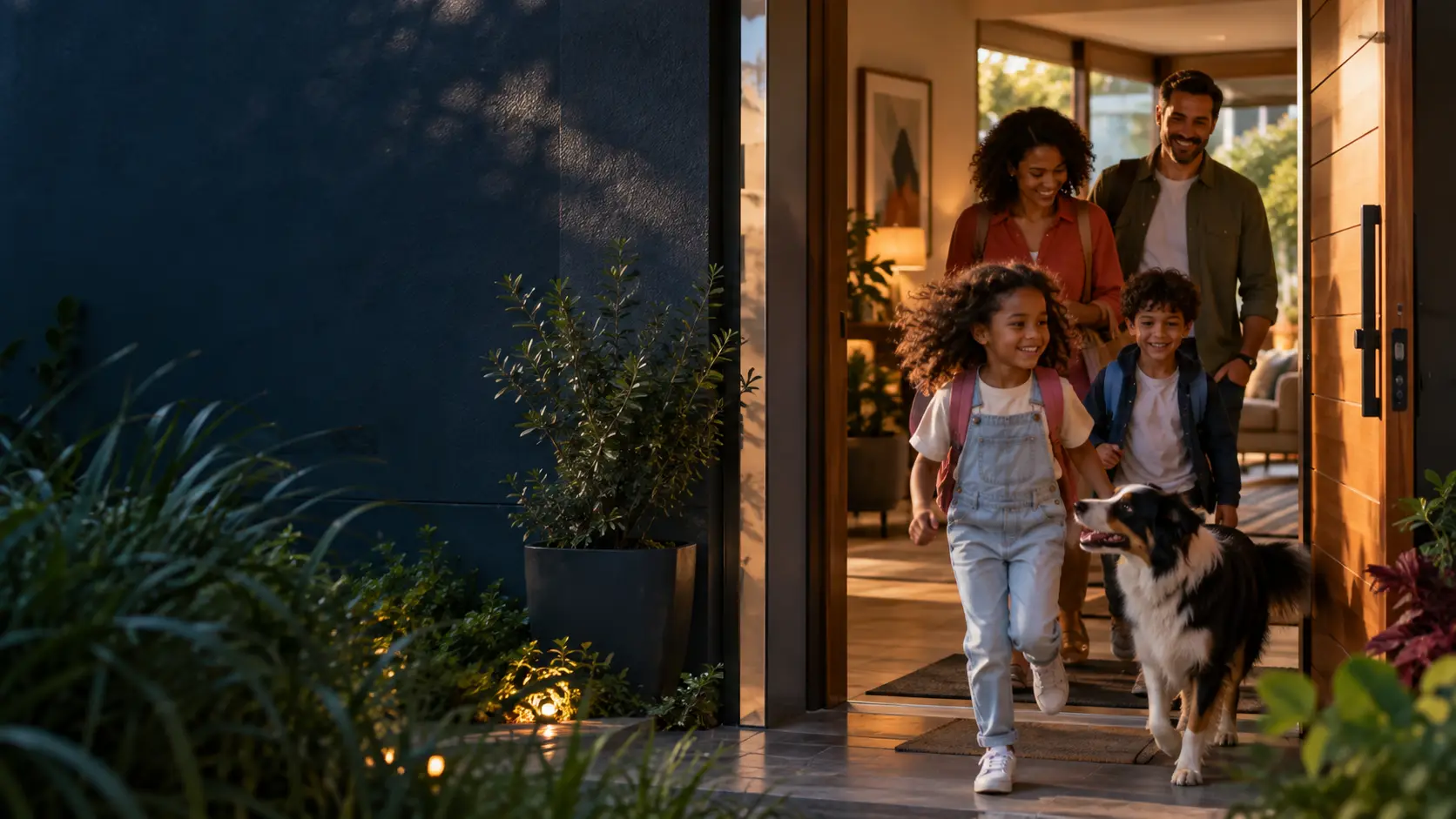 Família chegando em casa ao fim do dia