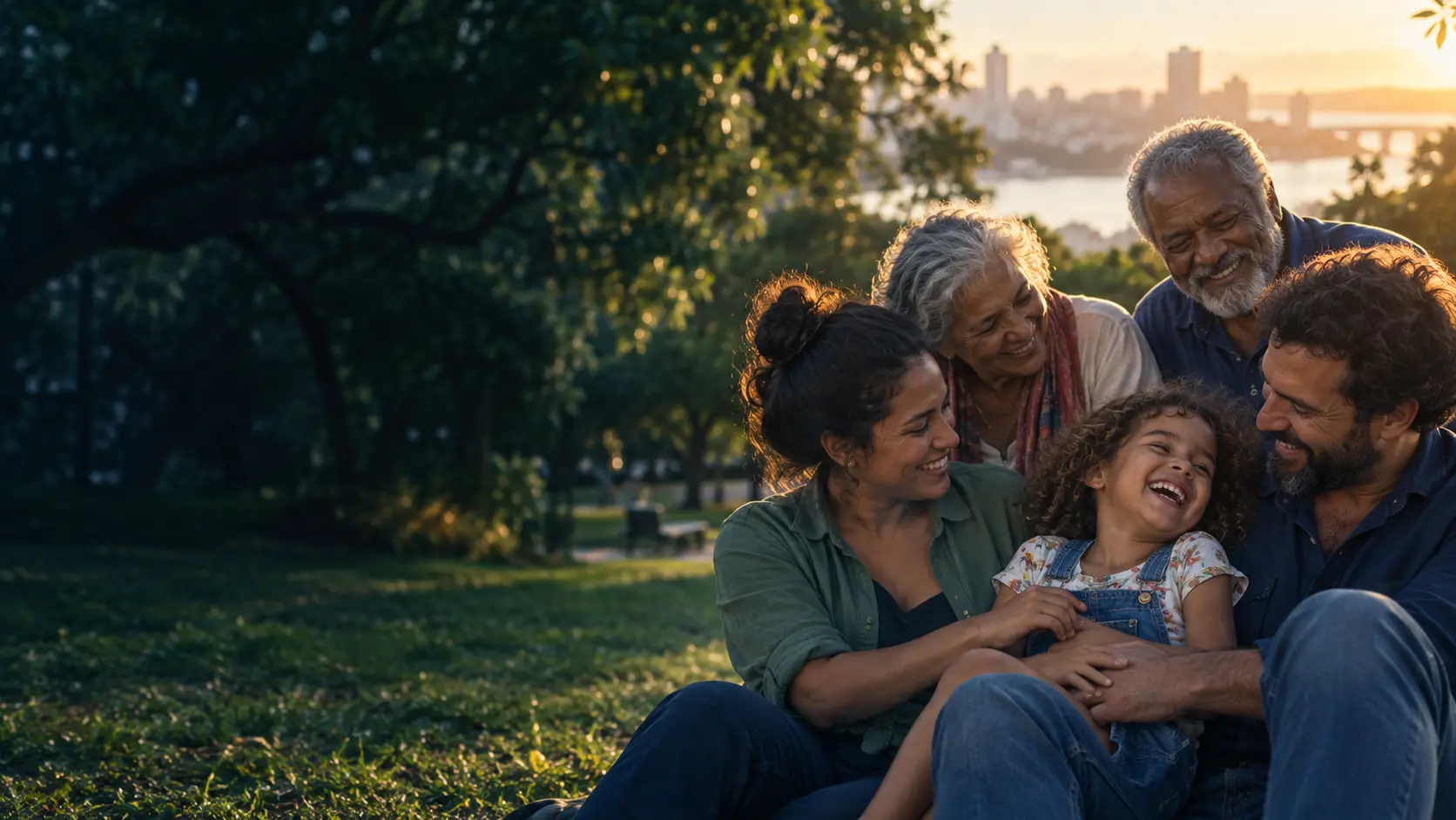 Família reunida em um parque no fim da tarde