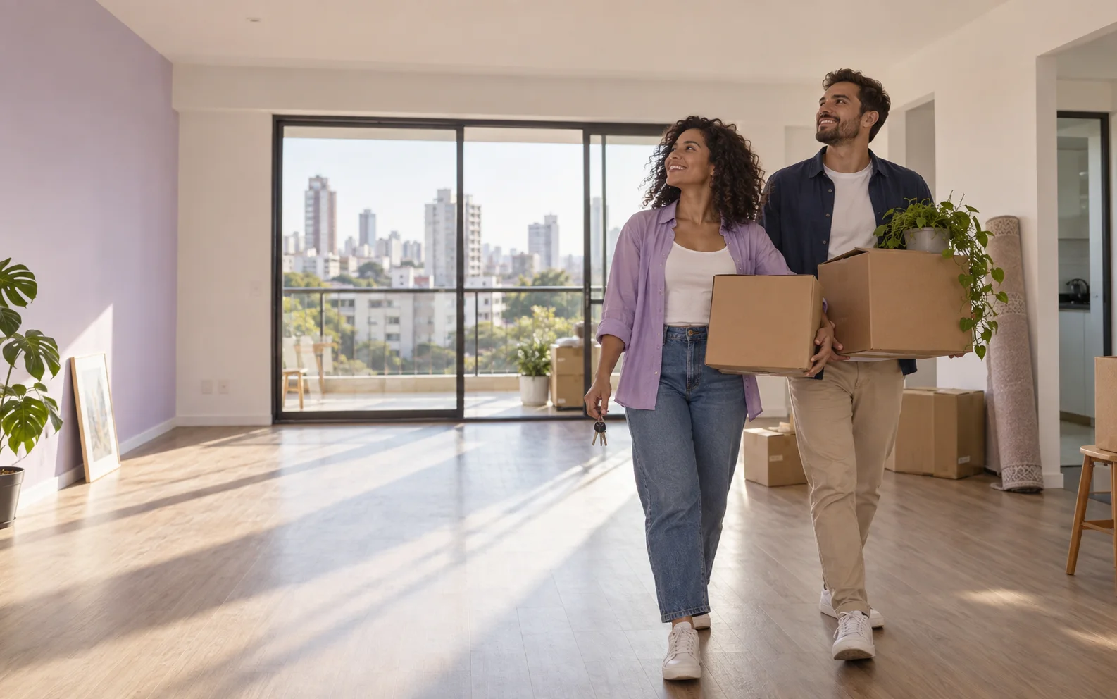 Casal chega ao novo apartamento com caixas de mudança