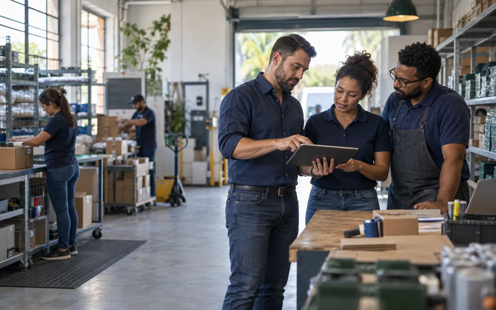 Equipe acompanha a operação de uma pequena empresa