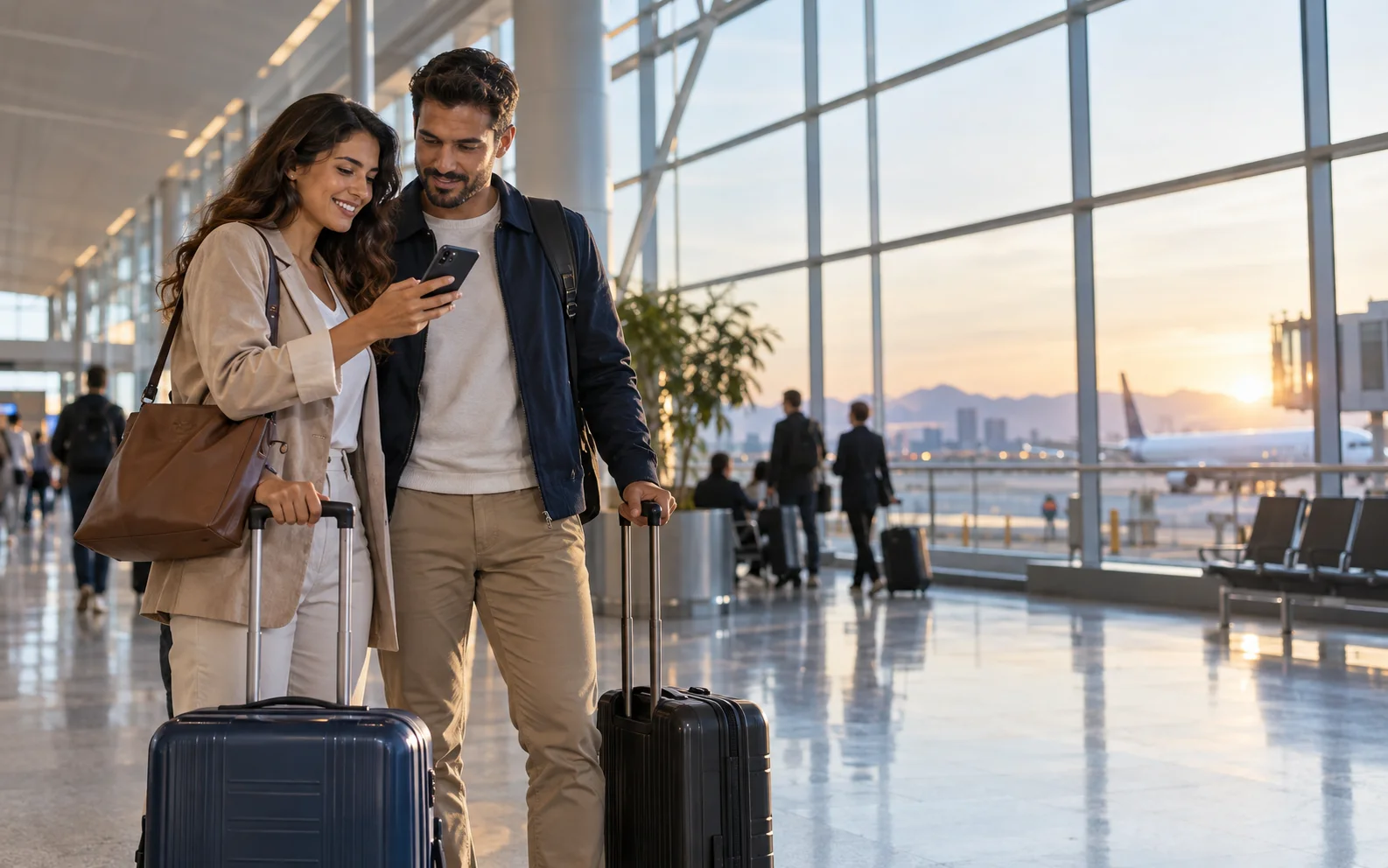 Casal com malas consulta o itinerário no aeroporto