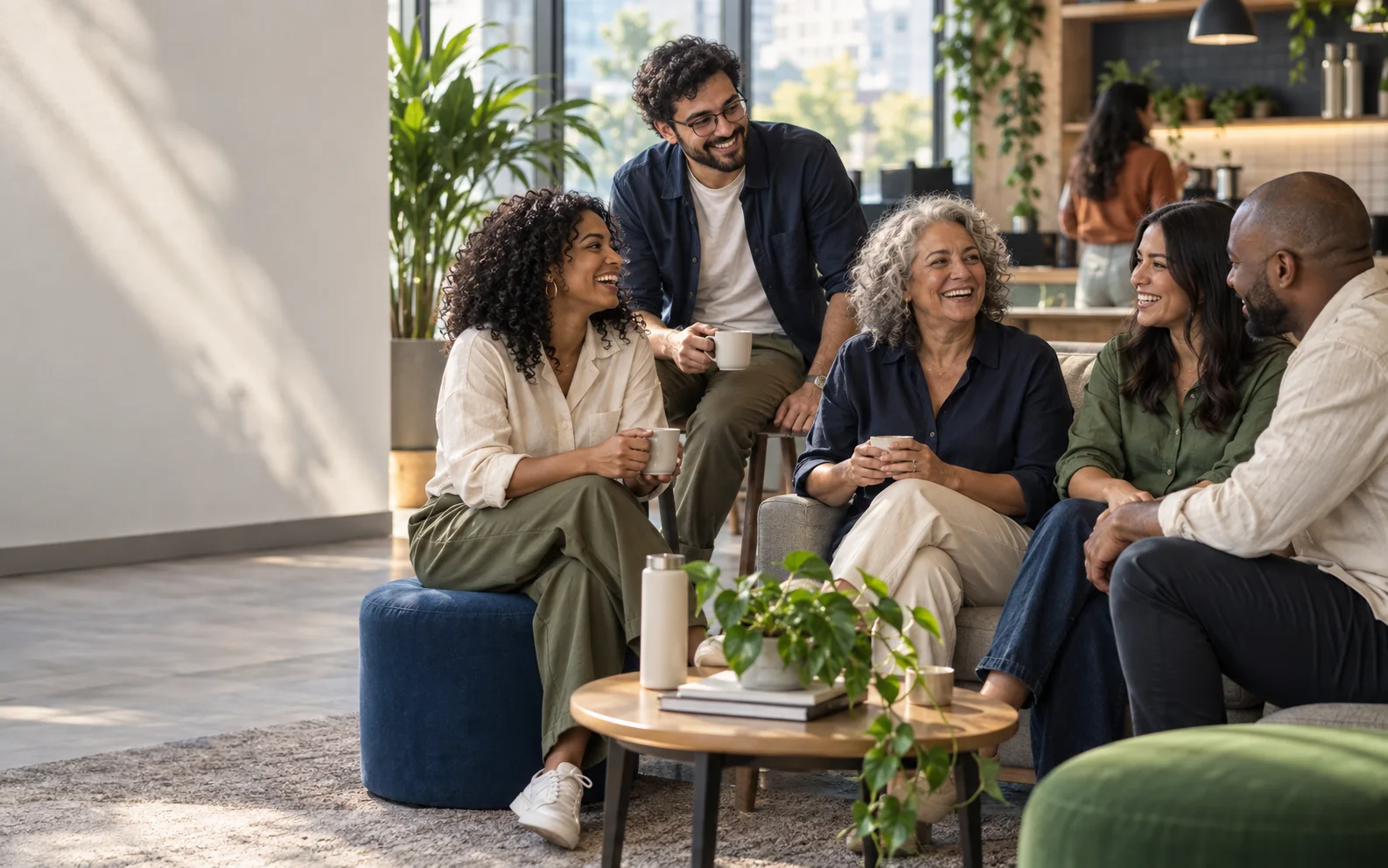 Equipe diversa conversa durante uma pausa no trabalho